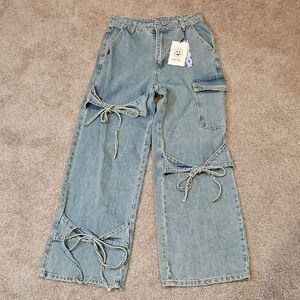 Cider Blue Straight Leg Jeans with Bow Accents